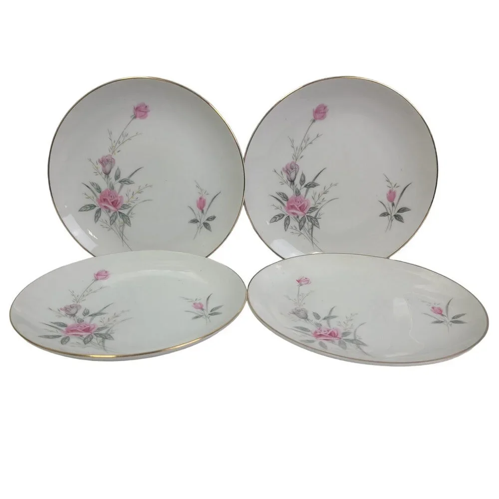 4 Vintage Golden Rose Flower Gold Rim Fine China Japan Small Salad Plates